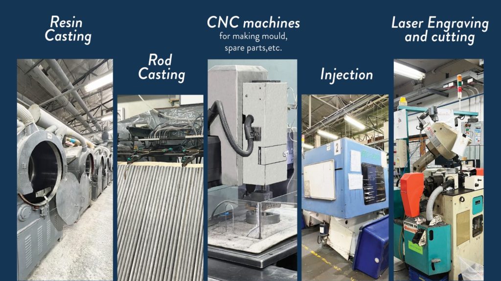 Precision button manufacturing machinery including CNC, injection molding, and laser engraving