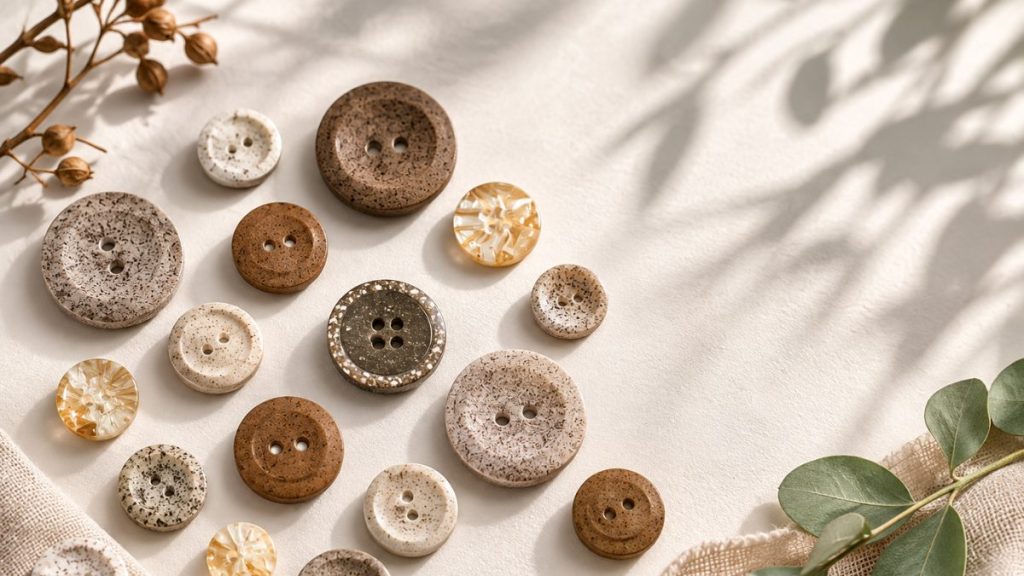 Assorted eco-friendly and sustainable buttons made from upcycled natural materials for fashion apparel
